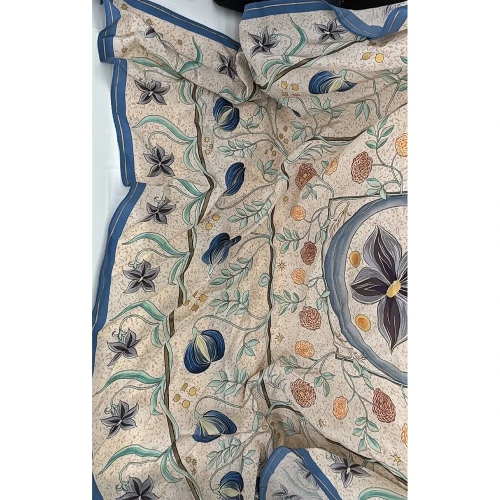 The Morgan Library 100% Silk Scarf Arts and Crafts Floral Blue Cream Square